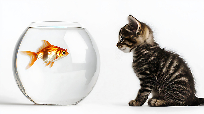 JPG 편집이미지 사람없음 마주보기 고양이 어항 금붕어 편집실사 AI포토 AI콘텐츠 포유류 모션 어류 반려동물 CG 파일형식