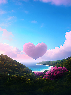 JPG 구름 편집이미지 바다 분홍색 섬 여행 자연 하늘 사람없음 하트 여행상품 편집실사 AI컴퓨터그래픽 AI콘텐츠 자연요소 모양 컬러 CG 생태계 파일형식