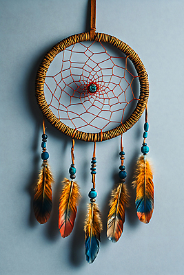 JPG 편집이미지 사람없음 장식 주황색 꿈 신비 깃털 악몽 토속신앙 드림캐쳐 편집실사 AI포토 AI콘텐츠 종교 컬러 컨셉 CG 파일형식