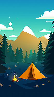 JPG 나무 일러스트 하늘 산 텐트 사람없음 캠핑 숲 장작 모닥불 국내일러스트 AI일러스트 AI콘텐츠 식물 불 레저 캠핑도구 파일형식