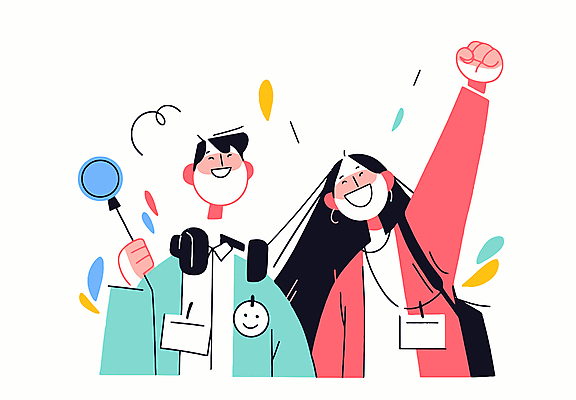 여자 남자 행복 일러스트 비즈니스 성공 협력 미소 웃음 상반신 성인 두명 손들기 기쁨 직장인 그룹 긍정적 인턴 성인만 국내일러스트 AI파일 직업 감정 컨셉 모션 표정 사람 파일형식 벡터