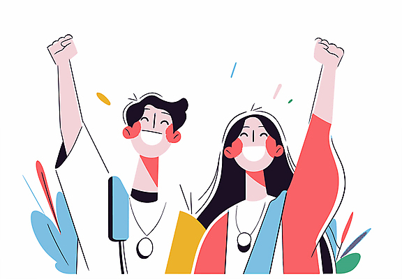 여자 남자 행복 일러스트 비즈니스 성공 협력 미소 웃음 상반신 성인 두명 손들기 기쁨 직장인 그룹 긍정적 인턴 성인만 국내일러스트 AI파일 직업 감정 컨셉 모션 표정 사람 파일형식 벡터