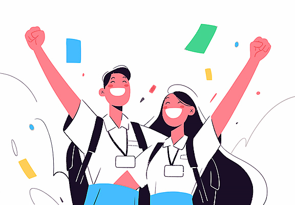 여자 남자 행복 일러스트 비즈니스 성공 협력 미소 웃음 상반신 성인 두명 손들기 기쁨 직장인 그룹 긍정적 인턴 성인만 국내일러스트 AI파일 직업 감정 컨셉 모션 표정 사람 파일형식 벡터