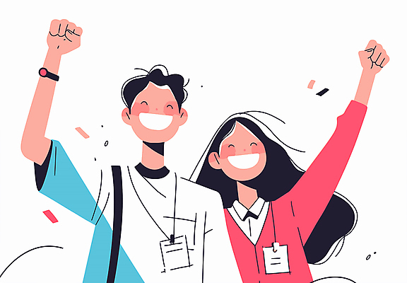 여자 남자 행복 일러스트 비즈니스 성공 협력 미소 웃음 상반신 성인 두명 손들기 기쁨 직장인 그룹 긍정적 인턴 성인만 국내일러스트 AI파일 직업 감정 컨셉 모션 표정 사람 파일형식 벡터