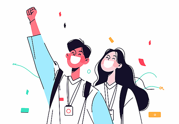 여자 남자 행복 일러스트 비즈니스 성공 협력 미소 웃음 상반신 성인 두명 손들기 기쁨 직장인 그룹 긍정적 인턴 성인만 국내일러스트 AI파일 직업 감정 컨셉 모션 표정 사람 파일형식 벡터