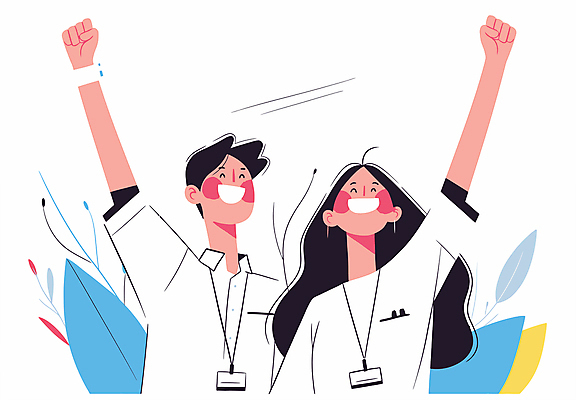 여자 남자 행복 일러스트 비즈니스 성공 협력 미소 웃음 상반신 성인 두명 손들기 기쁨 직장인 그룹 긍정적 인턴 성인만 국내일러스트 AI파일 직업 감정 컨셉 모션 표정 사람 파일형식 벡터