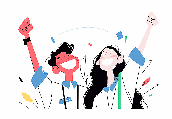 여자 남자 행복 일러스트 비즈니스 성공 협력 미소 웃음 상반신 성인 두명 손들기 기쁨 직장인 그룹 긍정적 인턴 성인만 국내일러스트 AI파일 직업 감정 컨셉 모션 표정 사람 파일형식 벡터