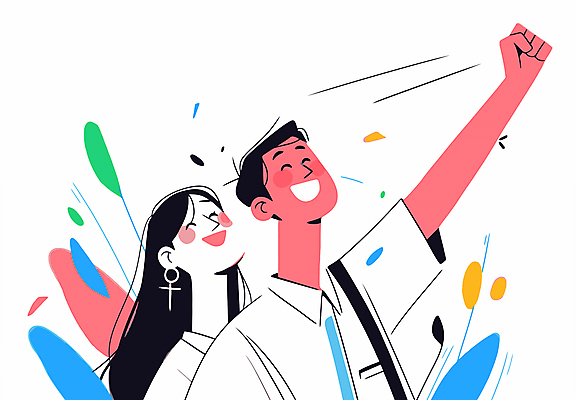 여자 남자 행복 일러스트 비즈니스 성공 협력 미소 웃음 상반신 성인 두명 손들기 기쁨 직장인 그룹 긍정적 인턴 성인만 국내일러스트 AI파일 직업 감정 컨셉 모션 표정 사람 파일형식 벡터