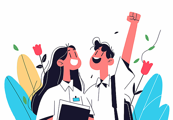 여자 남자 행복 일러스트 비즈니스 성공 협력 미소 웃음 상반신 성인 두명 손들기 기쁨 직장인 그룹 긍정적 인턴 성인만 국내일러스트 AI파일 직업 감정 컨셉 모션 표정 사람 파일형식 벡터