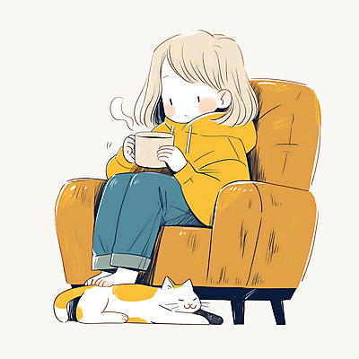 JPG 전신 여자 어린이 의자 일러스트 휴식 따뜻함 한명 들기 앉기 소녀 파란색 소파 노란색 고양이 머그컵 차 수증기 편안함 감성 소녀한명만 반려묘 차분 국내일러스트 AI일러스트 AI콘텐츠 1 음료 컬러 가구 컨셉 포유류 모션 사람 컵 반려동물 감각 여자한명만 소녀만 파일형식