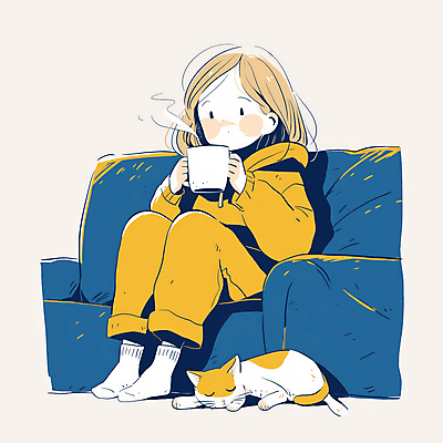 JPG 전신 여자 어린이 의자 일러스트 휴식 따뜻함 한명 들기 앉기 소녀 파란색 소파 노란색 고양이 머그컵 차 수증기 편안함 감성 소녀한명만 반려묘 차분 국내일러스트 AI일러스트 AI콘텐츠 1 음료 컬러 가구 컨셉 포유류 모션 사람 컵 반려동물 감각 여자한명만 소녀만 파일형식