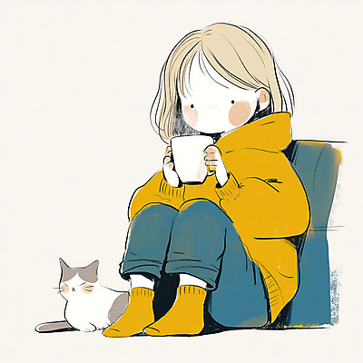 JPG 전신 여자 어린이 의자 일러스트 휴식 따뜻함 한명 들기 앉기 소녀 파란색 소파 노란색 고양이 머그컵 차 수증기 편안함 감성 소녀한명만 반려묘 차분 국내일러스트 AI일러스트 AI콘텐츠 1 음료 컬러 가구 컨셉 포유류 모션 사람 컵 반려동물 감각 여자한명만 소녀만 파일형식