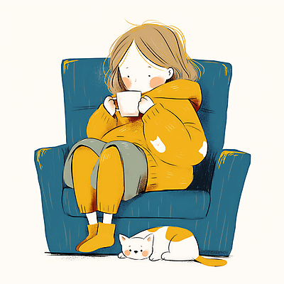 JPG 전신 여자 어린이 의자 일러스트 휴식 따뜻함 한명 앉기 소녀 파란색 소파 노란색 고양이 머그컵 마시기 차 편안함 감성 소녀한명만 반려묘 차분 국내일러스트 AI일러스트 AI콘텐츠 1 음료 컬러 가구 컨셉 포유류 모션 사람 컵 반려동물 감각 여자한명만 소녀만 파일형식