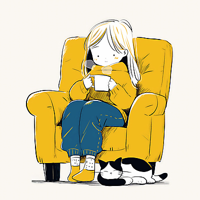 JPG 전신 여자 어린이 의자 일러스트 휴식 따뜻함 한명 들기 앉기 소녀 파란색 소파 노란색 고양이 머그컵 차 수증기 편안함 감성 소녀한명만 반려묘 차분 국내일러스트 AI일러스트 AI콘텐츠 1 음료 컬러 가구 컨셉 포유류 모션 사람 컵 반려동물 감각 여자한명만 소녀만 파일형식