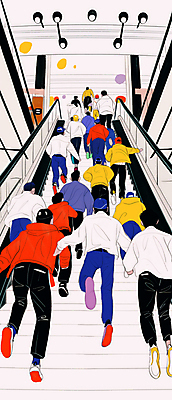 JPG 전신 여자 남자 가방 일러스트 여러명 성인 달리기 계단 경쟁 군중 오르기 열정 성인만 오픈런 국내일러스트 AI일러스트 AI콘텐츠 잡화 감정 다수 컨셉 모션 사람 쇼핑 파일형식