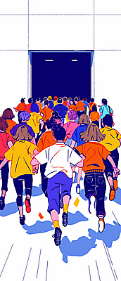 JPG 전신 여자 남자 어린이 일러스트 그림자 소녀 소년 여러명 달리기 경쟁 군중 열정 매점 어린이만 오픈런 국내일러스트 AI일러스트 AI콘텐츠 감정 다수 컨셉 모션 사람 쇼핑 상점 파일형식