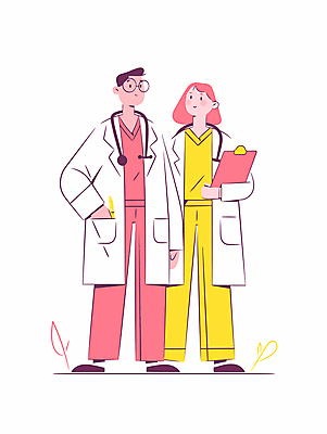 전신 여자 남자 분홍색 일러스트 청진기 병원 들기 성인 두명 노란색 의사 주머니손 서류판 성인만 국내일러스트 AI파일 컬러 의학 의료기기 모션 사람 사무용품 의료진 파일형식 벡터