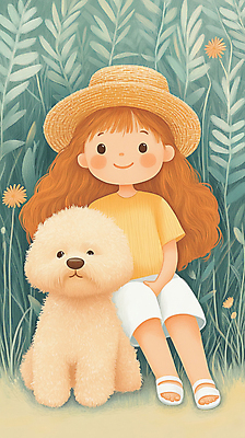 JPG 전신 여자 꽃 행복 반려견 어린이 일러스트 자연 휴식 한명 웃음 풍경 소녀 잔디 초원 초록색 여름 친구 산책 시골 강아지 밀짚모자 소녀한명만 동심 국내일러스트 AI일러스트 AI콘텐츠 식물 모자_잡화 1 계절 감정 컬러 컨셉 관계 표정 사람 반려동물 개 생태계 여자한명만 소녀만 파일형식