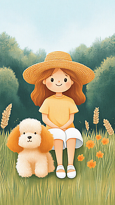 JPG 전신 여자 꽃 행복 반려견 어린이 일러스트 자연 휴식 한명 웃음 소녀 잔디 초원 초록색 여름 친구 산책 시골 강아지 밀짚모자 소녀한명만 동심 국내일러스트 AI일러스트 AI콘텐츠 식물 모자_잡화 1 계절 감정 컬러 컨셉 관계 표정 사람 반려동물 개 생태계 여자한명만 소녀만 파일형식