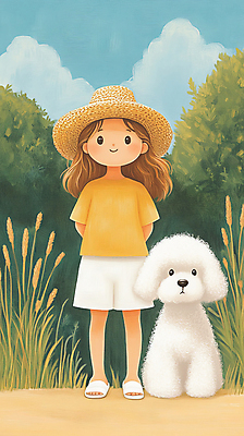 JPG 전신 여자 꽃 행복 반려견 어린이 일러스트 자연 한명 웃음 풍경 소녀 잔디 초원 초록색 여름 친구 산책 시골 강아지 밀짚모자 소녀한명만 동심 국내일러스트 AI일러스트 AI콘텐츠 식물 모자_잡화 1 계절 감정 컬러 관계 휴식 표정 사람 반려동물 개 생태계 여자한명만 소녀만 파일형식