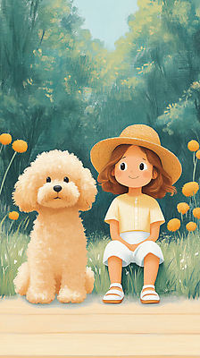 JPG 전신 여자 꽃 행복 반려견 어린이 일러스트 자연 휴식 한명 웃음 풍경 소녀 잔디 초원 초록색 여름 친구 산책 시골 강아지 밀짚모자 소녀한명만 동심 국내일러스트 AI일러스트 AI콘텐츠 식물 모자_잡화 1 계절 감정 컬러 컨셉 관계 표정 사람 반려동물 개 생태계 여자한명만 소녀만 파일형식