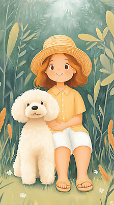 JPG 전신 여자 꽃 행복 반려견 어린이 일러스트 자연 한명 웃음 풍경 소녀 잔디 초원 초록색 여름 친구 산책 시골 강아지 밀짚모자 소녀한명만 동심 국내일러스트 AI일러스트 AI콘텐츠 식물 모자_잡화 1 계절 감정 컬러 관계 휴식 표정 사람 반려동물 개 생태계 여자한명만 소녀만 파일형식