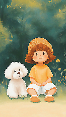 JPG 전신 여자 꽃 행복 반려견 어린이 일러스트 자연 한명 웃음 풍경 소녀 잔디 초원 초록색 여름 친구 산책 시골 강아지 밀짚모자 소녀한명만 동심 국내일러스트 AI일러스트 AI콘텐츠 식물 모자_잡화 1 계절 감정 컬러 관계 휴식 표정 사람 반려동물 개 생태계 여자한명만 소녀만 파일형식