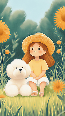 JPG 전신 여자 꽃 행복 반려견 어린이 일러스트 자연 한명 웃음 풍경 소녀 잔디 초원 초록색 여름 친구 산책 시골 강아지 밀짚모자 소녀한명만 동심 국내일러스트 AI일러스트 AI콘텐츠 식물 모자_잡화 1 계절 감정 컬러 관계 휴식 표정 사람 반려동물 개 생태계 여자한명만 소녀만 파일형식