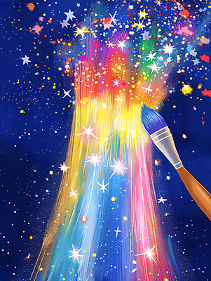 JPG 예술 일러스트 밤하늘 추상 사람없음 컬러풀 우주 붓 신비 그림 마법 별빛 상상력 환상 국내일러스트 AI일러스트 AI콘텐츠 별 컬러 컨셉 무늬 하늘 빛 야간 파일형식