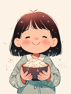 JPG 여자 행복 감정 어린이 일러스트 한명 미소 웃음 소녀 초록색 귀여움 단발머리 즐거움 밥그릇 베이지색 소녀한명만 국내일러스트 AI일러스트 AI콘텐츠 1 헤어스타일 그릇 컬러 컨셉 표정 사람 여자한명만 소녀만 파일형식