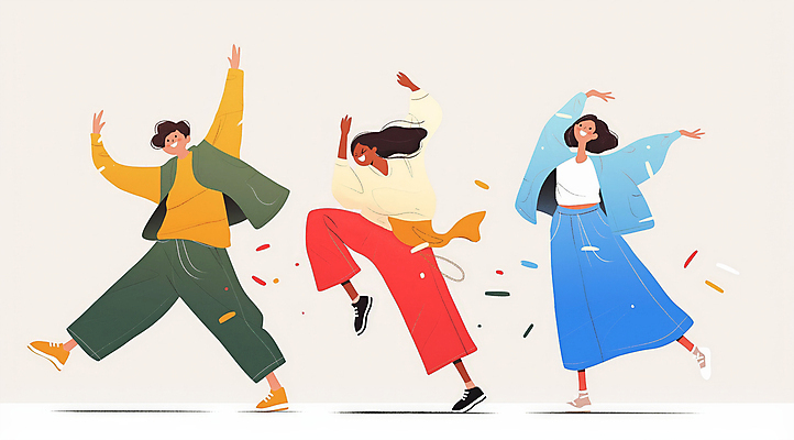 전신 여자 패션 남자 일러스트 성인 세명 친구 컬러풀 댄서 에너지 춤 즐거움 활기 한류 성인만 국내일러스트 AI파일 직업 감정 문화 컬러 컨셉 관계 문화예술 사람 파일형식 벡터