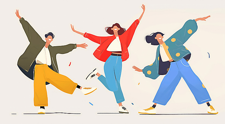 전신 여자 패션 남자 일러스트 성인 세명 친구 컬러풀 댄서 에너지 춤 즐거움 활기 한류 성인만 국내일러스트 AI파일 직업 감정 문화 컬러 컨셉 관계 문화예술 사람 파일형식 벡터