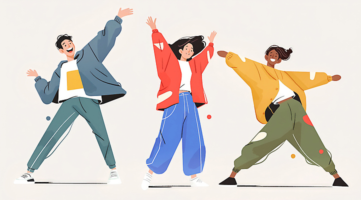 전신 여자 패션 남자 일러스트 성인 세명 친구 컬러풀 댄서 에너지 춤 즐거움 활기 한류 성인만 국내일러스트 AI파일 직업 감정 문화 컬러 컨셉 관계 문화예술 사람 파일형식 벡터