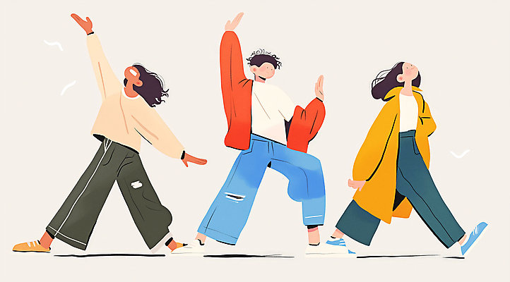 전신 여자 패션 남자 일러스트 성인 세명 친구 컬러풀 댄서 에너지 춤 즐거움 활기 한류 성인만 국내일러스트 AI파일 직업 감정 문화 컬러 컨셉 관계 문화예술 사람 파일형식 벡터