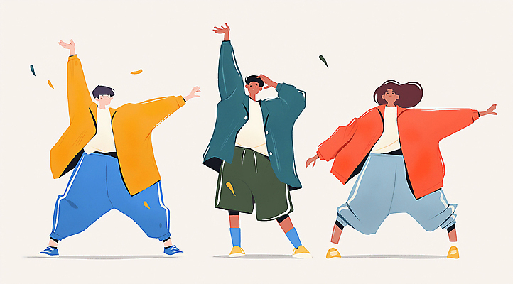 전신 여자 패션 남자 일러스트 성인 세명 친구 컬러풀 댄서 에너지 춤 즐거움 활기 한류 성인만 국내일러스트 AI파일 직업 감정 문화 컬러 컨셉 관계 문화예술 사람 파일형식 벡터