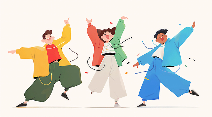 전신 여자 패션 남자 일러스트 성인 세명 친구 컬러풀 댄서 에너지 춤 즐거움 활기 한류 성인만 국내일러스트 AI파일 직업 감정 문화 컬러 컨셉 관계 문화예술 사람 파일형식 벡터