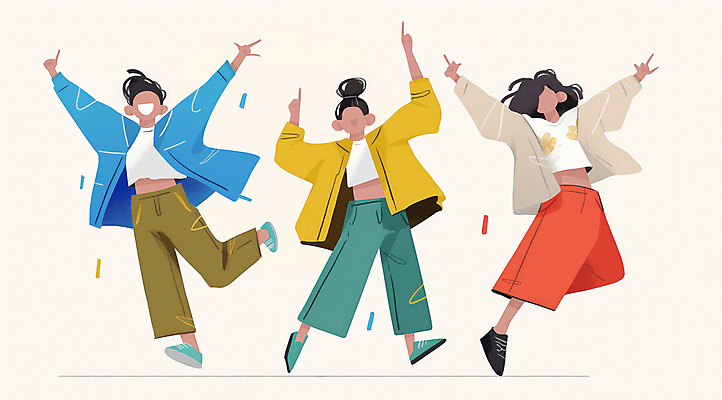 전신 여자 패션 남자 일러스트 성인 세명 친구 컬러풀 댄서 에너지 춤 즐거움 활기 한류 성인만 국내일러스트 AI파일 직업 감정 문화 컬러 컨셉 관계 문화예술 사람 파일형식 벡터