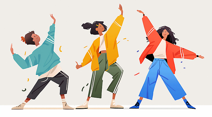 전신 여자 패션 남자 일러스트 성인 세명 친구 컬러풀 댄서 에너지 춤 즐거움 활기 한류 성인만 국내일러스트 AI파일 직업 감정 문화 컬러 컨셉 관계 문화예술 사람 파일형식 벡터