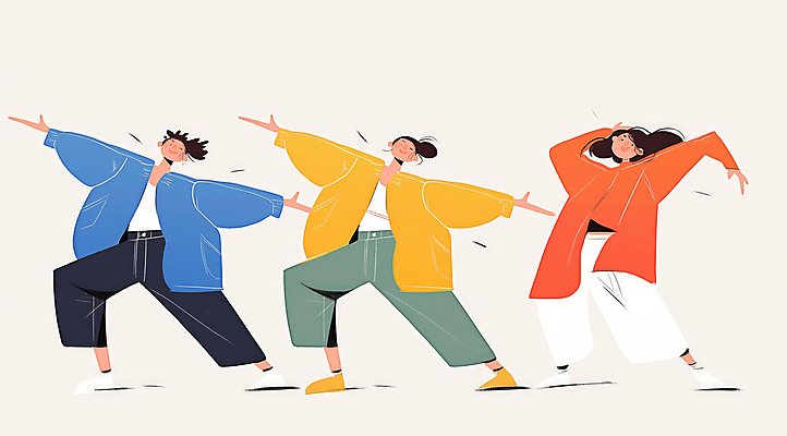 전신 여자 패션 남자 일러스트 성인 세명 친구 컬러풀 댄서 에너지 춤 즐거움 활기 한류 성인만 국내일러스트 AI파일 직업 감정 문화 컬러 컨셉 관계 문화예술 사람 파일형식 벡터