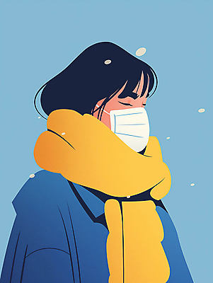 JPG 여자 겨울 일러스트 마스크 한명 성인 노란색 눈감음 목도리 감기 조심 방한 성인여자한명만 국내일러스트 AI일러스트 AI콘텐츠 1 잡화 계절 컬러 모션 사람 추위 질병 여자한명만 성인여자만 파일형식