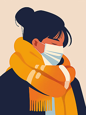 JPG 여자 겨울 일러스트 마스크 한명 성인 노란색 눈감음 목도리 감기 조심 방한 성인여자한명만 국내일러스트 AI일러스트 AI콘텐츠 1 잡화 계절 컬러 모션 사람 추위 질병 여자한명만 성인여자만 파일형식