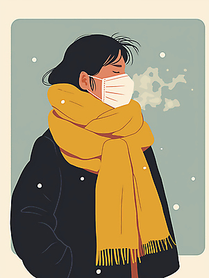 JPG 여자 겨울 일러스트 마스크 한명 성인 노란색 눈감음 목도리 감기 조심 방한 성인여자한명만 국내일러스트 AI일러스트 AI콘텐츠 1 잡화 계절 컬러 모션 사람 추위 질병 여자한명만 성인여자만 파일형식