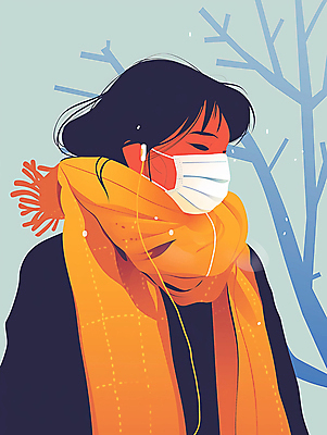 JPG 여자 겨울 일러스트 마스크 한명 성인 노란색 눈감음 목도리 감기 조심 방한 성인여자한명만 국내일러스트 AI일러스트 AI콘텐츠 1 잡화 계절 컬러 모션 사람 추위 질병 여자한명만 성인여자만 파일형식