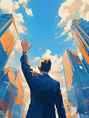 JPG 구름 남자 일러스트 하늘 성공 한명 정장 성인 파란색 고층빌딩 도시 비즈니스맨 목표 비전 손뻗기 리더쉽 작별인사 성인남자한명만 국내일러스트 AI일러스트 AI콘텐츠 자연요소 1 옷 컬러 컨셉 비즈니스 모션 사람 빌딩 인사 직장인 남자한명만 성인남자만 파일형식