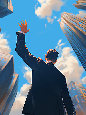 JPG 구름 남자 일러스트 하늘 성공 한명 정장 성인 파란색 고층빌딩 도시 비즈니스맨 목표 비전 손뻗기 리더쉽 영감 작별인사 성인남자한명만 국내일러스트 AI일러스트 AI콘텐츠 자연요소 1 옷 컬러 컨셉 비즈니스 모션 사람 빌딩 인사 직장인 남자한명만 성인남자만 파일형식