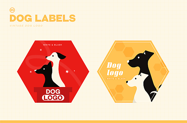 스티커 일러스트 사람없음 노란색 라벨 귀여움 빈티지 강아지 심볼 육각형 국내일러스트 AI파일 도형 컬러 컨셉 프레임 반려동물 개 파일형식 벡터