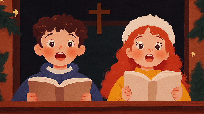 JPG 여자 남자 어린이 십자가 크리스마스 겨울 일러스트 노래 따뜻함 웃음 소녀 소년 두명 책 교회 축제 기쁨 남색 예배 합창 어린이만 국내일러스트 AI일러스트 AI콘텐츠 계절 기념일 감정 음악 컬러 종교건축 표정 사람 건물 파일형식