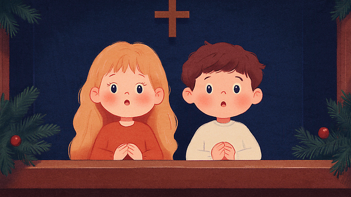 JPG 여자 어린이 십자가 크리스마스 겨울 일러스트 노래 따뜻함 웃음 소녀 소년 두명 교회 축제 기쁨 남색 예배 합창 어린이만 국내일러스트 AI일러스트 AI콘텐츠 계절 기념일 남자 감정 음악 컬러 종교건축 표정 사람 건물 파일형식