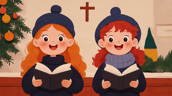 JPG 여자 어린이 십자가 크리스마스 겨울 일러스트 노래 따뜻함 웃음 소녀 두명 교회 축제 성경 기쁨 남색 예배 합창 소녀만 국내일러스트 AI일러스트 AI콘텐츠 계절 기념일 감정 음악 컬러 종교용품 종교건축 표정 사람 건물 여자만 어린이만 파일형식
