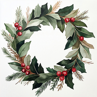 JPG 열매 크리스마스 일러스트 프레임 사람없음 초록색 풀잎 리스장식 크리스마스리스 국내일러스트 AI일러스트 AI콘텐츠 식물 기념일 컬러 잎 장식 화환 풀_식물 파일형식